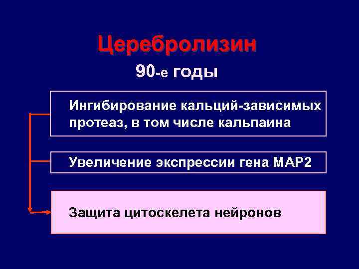 Церебролизин 90 -е годы Ингибирование кальций-зависимых протеаз, в том числе кальпаина Увеличение экспрессии гена