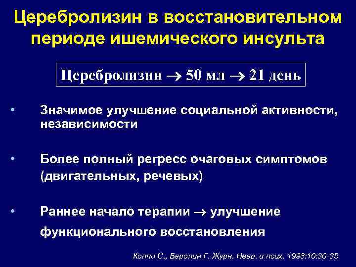 Церебролизин в восстановительном периоде ишемического инсульта Церебролизин 50 мл 21 день • Значимое улучшение