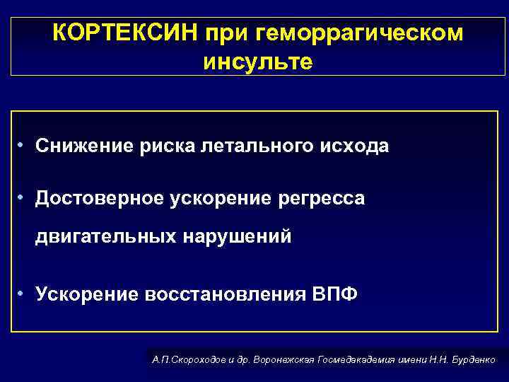 КОРТЕКСИН при геморрагическом инсульте • Снижение риска летального исхода • Достоверное ускорение регресса двигательных