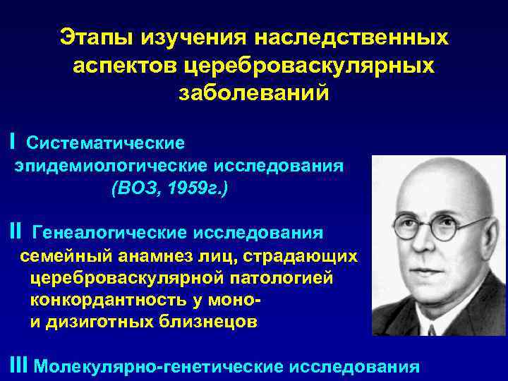 Этапы изучения наследственных аспектов цереброваскулярных заболеваний I Систематические эпидемиологические исследования (ВОЗ, 1959 г. )