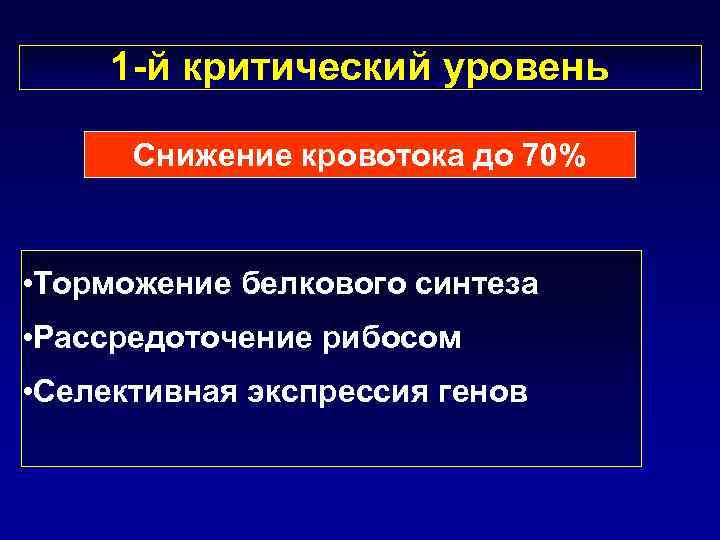 1 -й критический уровень Снижение кровотока до 70% • Торможение белкового синтеза • Рассредоточение