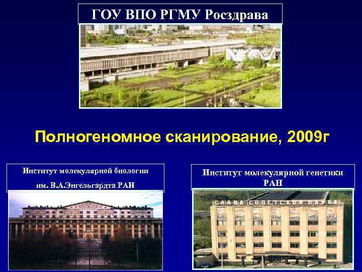 ГОУ ВПО РГМУ Росздрава Полногеномное сканирование, 2009 г Институт молекулярной биологии им. В. А.