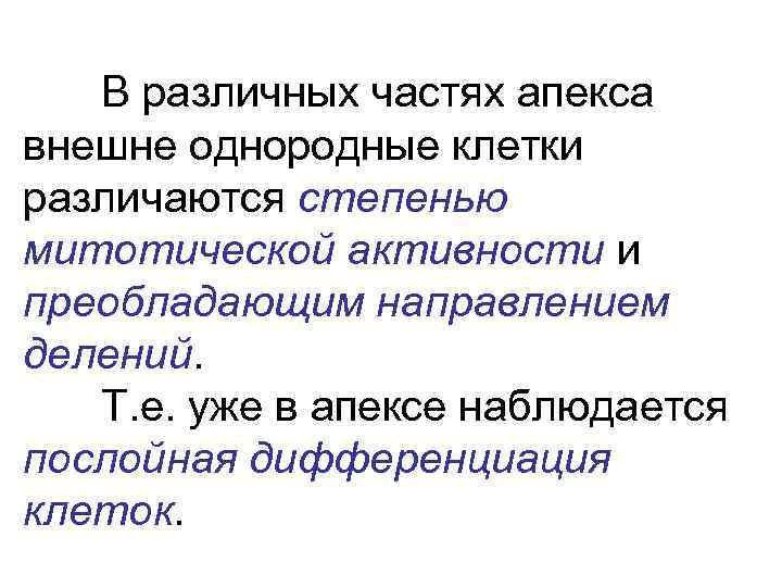 В различных частях апекса внешне однородные клетки различаются степенью митотической активности и преобладающим направлением