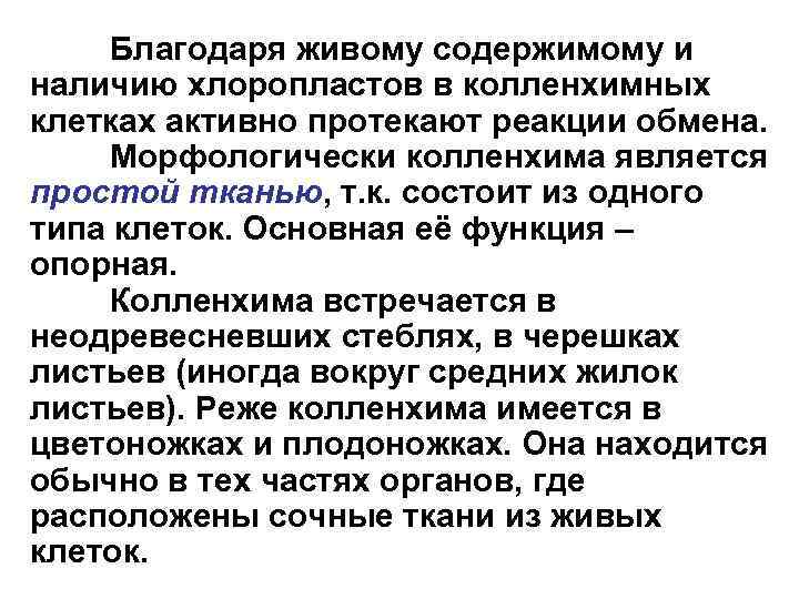 Благодаря живому содержимому и наличию хлоропластов в колленхимных клетках активно протекают реакции обмена. Морфологически