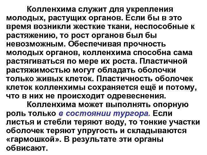 Колленхима служит для укрепления молодых, растущих органов. Если бы в это время возникли жесткие