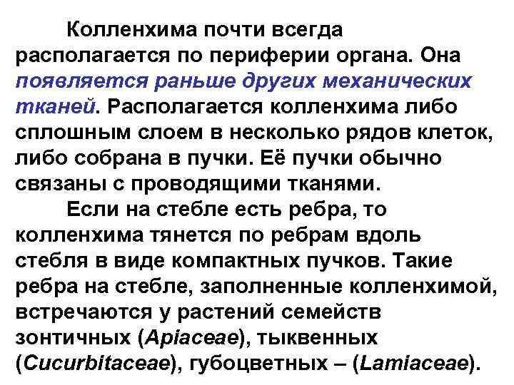 Колленхима почти всегда располагается по периферии органа. Она появляется раньше других механических тканей. Располагается