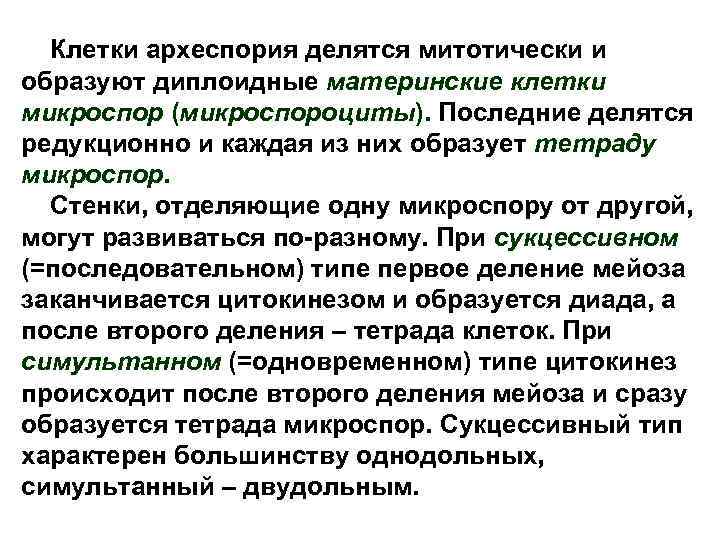 Клетки археспория делятся митотически и образуют диплоидные материнские клетки микроспор (микроспороциты). Последние делятся редукционно