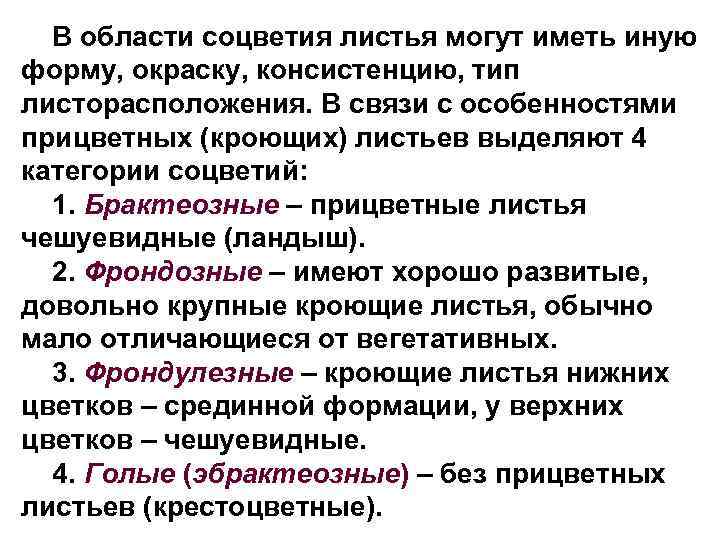В области соцветия листья могут иметь иную форму, окраску, консистенцию, тип листорасположения. В связи