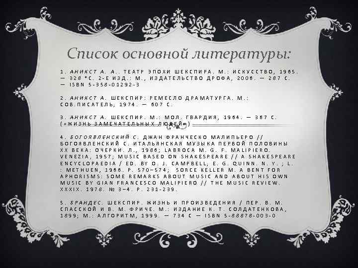 Список основной литературы: 1. АНИКСТ А. А. . ТЕАТР ЭПОХИ ШЕКСПИРА. М. : ИСКУССТВО,