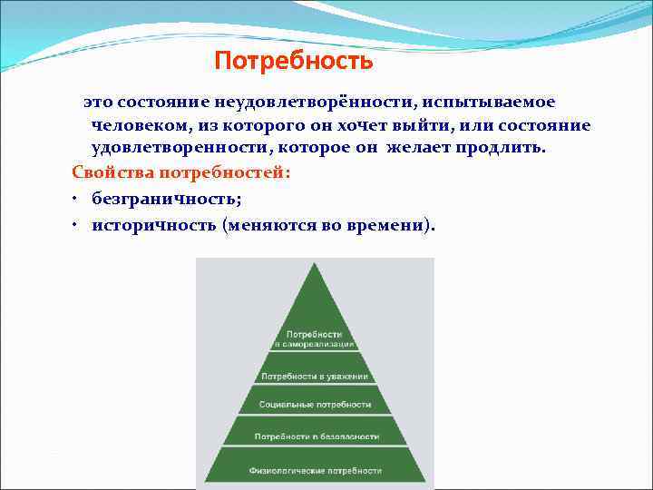 Потребность это состояние неудовлетворённости, испытываемое человеком, из которого он хочет выйти, или состояние удовлетворенности,