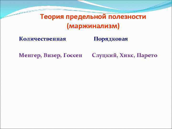 Теория предельной полезности (маржинализм) Количественная Порядковая Менгер, Визер, Госсен Слуцкий, Хикс, Парето 