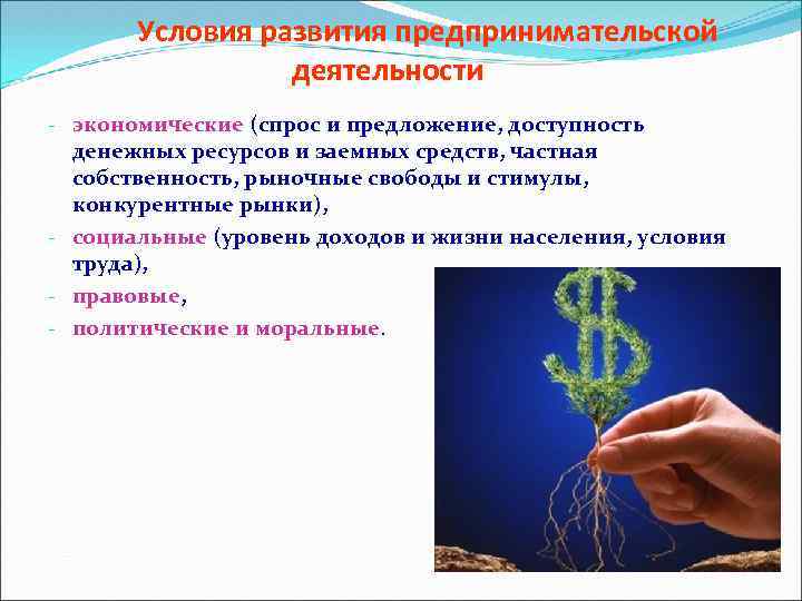 Условия развития предпринимательской деятельности - экономические (спрос и предложение, доступность денежных ресурсов и заемных