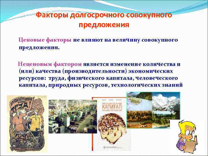 Факторы долгосрочного совокупного предложения Ценовые факторы не влияют на величину совокупного предложения. Неценовым фактором