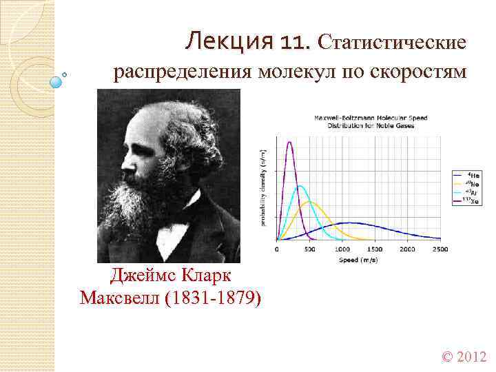 Лекция 11. Статистические распределения молекул по скоростям Джеймс Кларк Максвелл (1831 -1879) © 2012