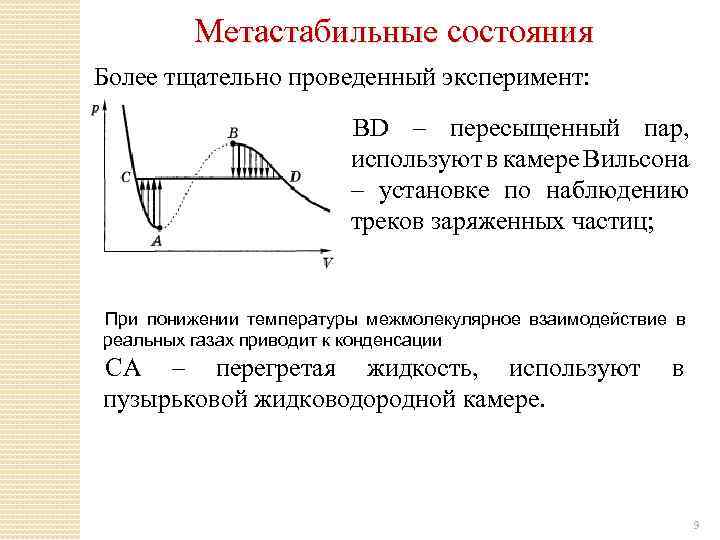 Метастабильные состояния Более тщательно проведенный эксперимент: BD – пересыщенный пар, используют в камере Вильсона