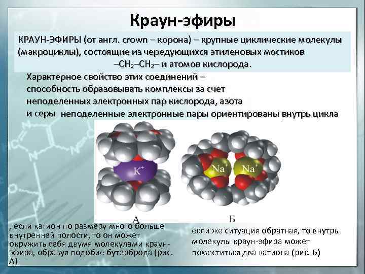 Краун-эфиры КРАУН-ЭФИРЫ (от англ. crown – корона) – крупные циклические молекулы (макроциклы), состоящие из