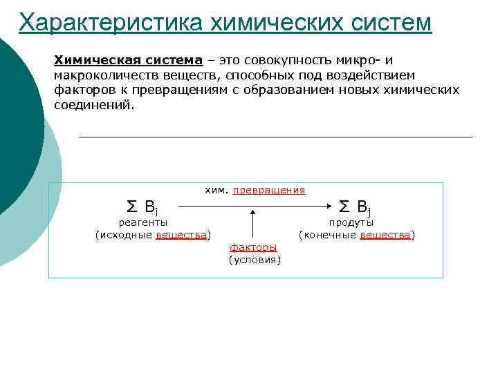 Характеристика химических систем Химическая система – это совокупность микро- и макроколичеств веществ, способных под