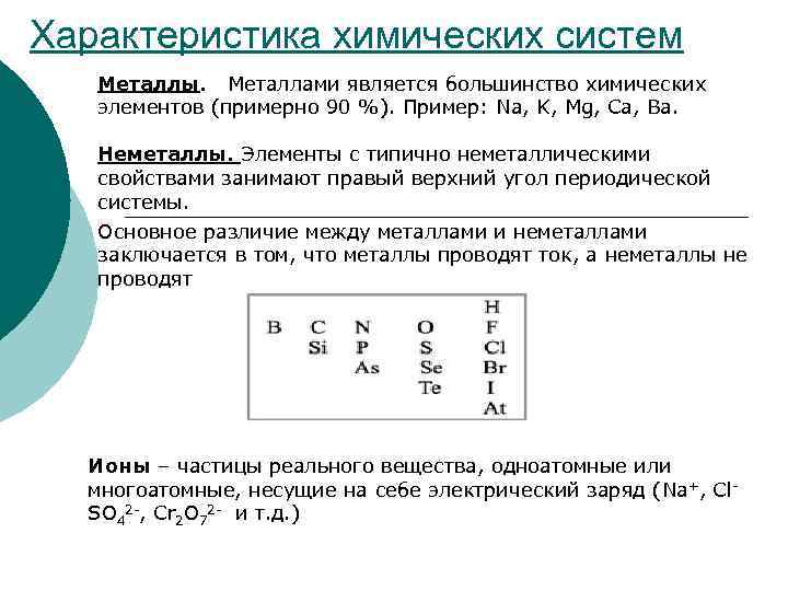 Характеристика химических систем Металлы. Металлами является большинство химических элементов (примерно 90 %). Пример: Na,