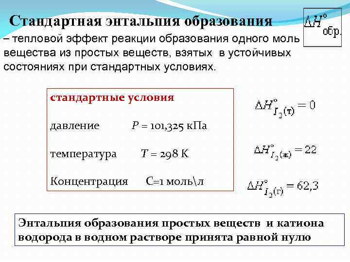  Стандартная энтальпия образования – тепловой эффект реакции образования одного моль вещества из простых