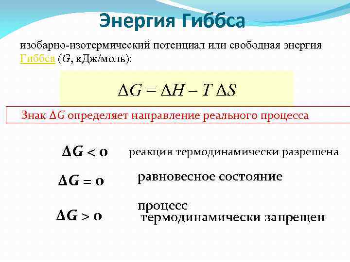 Энергия Гиббса изобарно-изотермический потенциал или свободная энергия Гиббса (G, к. Дж/моль): ΔG = ΔH