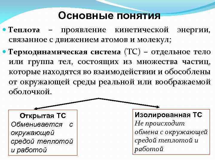 Основные понятия Теплота – проявление кинетической энергии, связанное с движением атомов и молекул; Термодинамическая