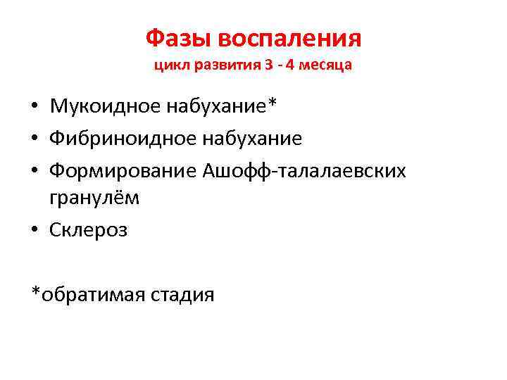 Фазы воспаления цикл развития 3 - 4 месяца • Мукоидное набухание* • Фибриноидное набухание