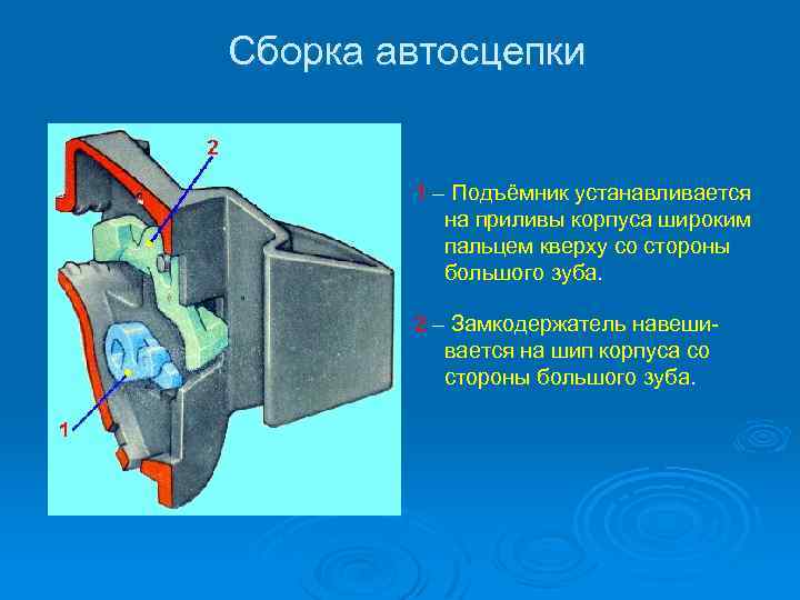 Сборка автосцепки 1 – Подъёмник устанавливается на приливы корпуса широким пальцем кверху со стороны