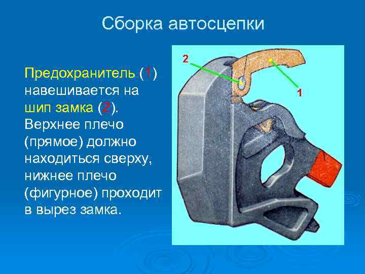 Сборка автосцепки Предохранитель (1) навешивается на шип замка (2). Верхнее плечо (прямое) должно находиться