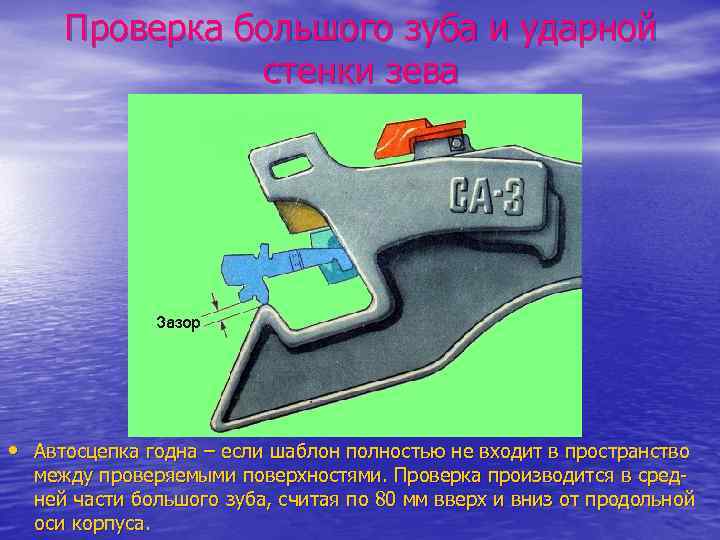 Проверка большого зуба и ударной стенки зева • Автосцепка годна – если шаблон полностью