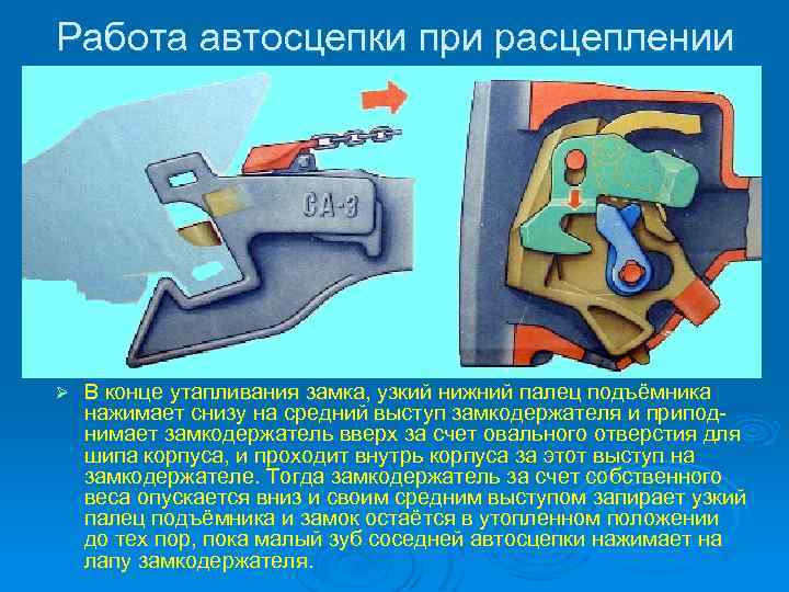 Работа автосцепки при расцеплении Ø В конце утапливания замка, узкий нижний палец подъёмника нажимает
