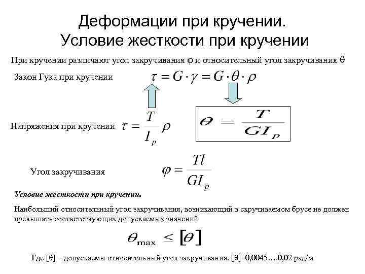 Деформации при кручении. Условие жесткости при кручении При кручении различают угол закручивания и относительный