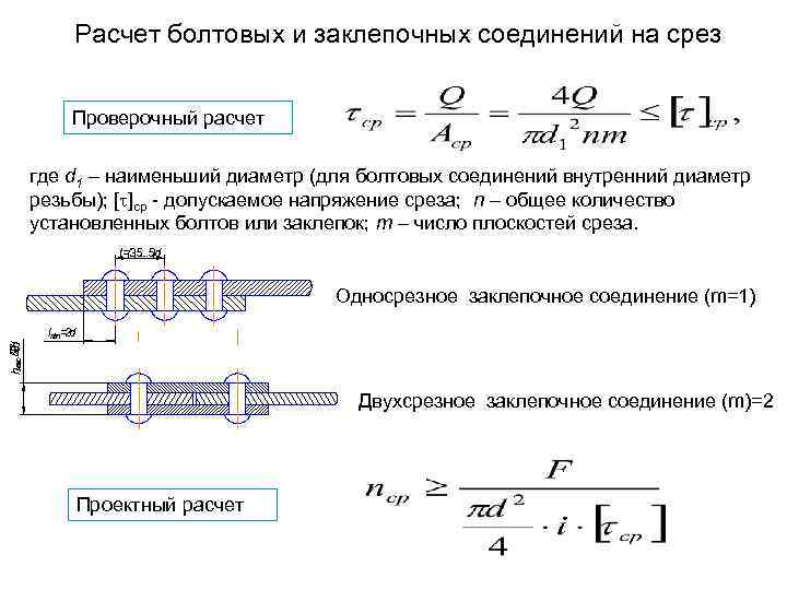 Расчет болтовых и заклепочных соединений на срез Проверочный расчет где d 1 – наименьший