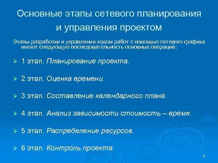 Основные этапы сетевого планирования и управления проектом Этапы разработки и управления ходом работ с