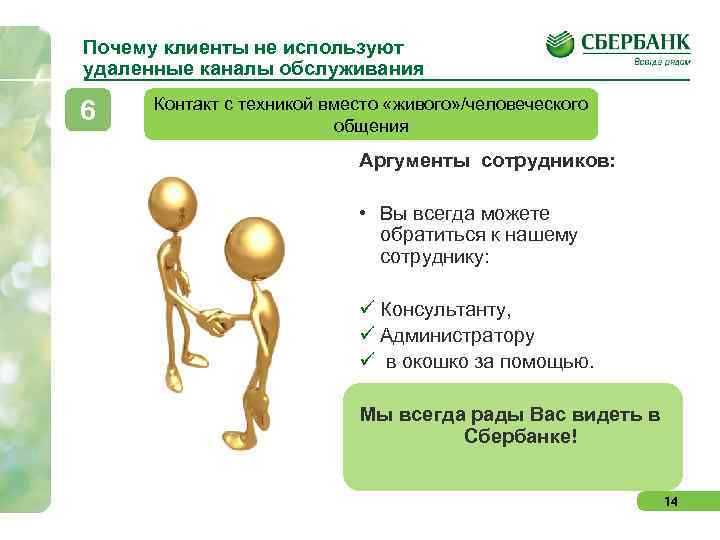 Почему клиенты не используют удаленные каналы обслуживания 6 Контакт с техникой вместо «живого» /человеческого