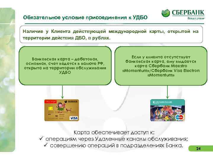 Обязательное условие присоединения к УДБО Наличие у Клиента действующей международной карты, открытой на территории