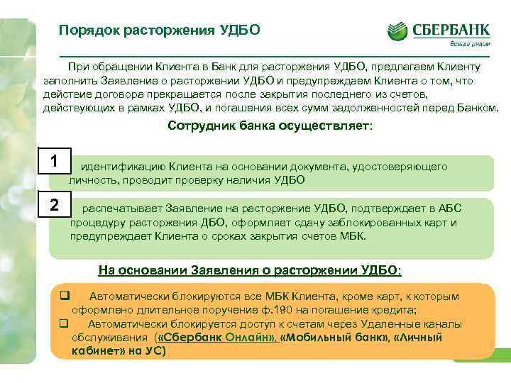 Порядок расторжения УДБО При обращении Клиента в Банк для расторжения УДБО, предлагаем Клиенту заполнить