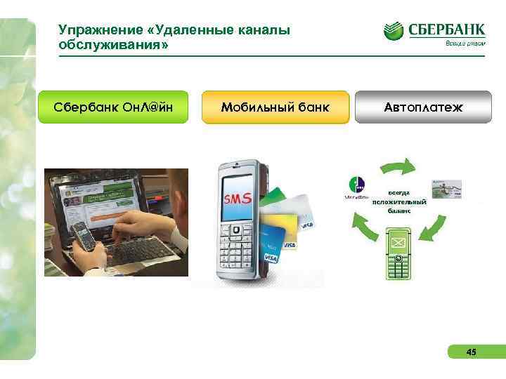 Упражнение «Удаленные каналы обслуживания» Сбербанк Он. Л@йн Мобильный банк Автоплатеж 45 