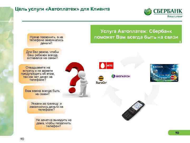 Цель услуги «Автоплатеж» для Клиента Нужно позвонить, а на телефоне закончились деньги? Услуга Автоплатеж: