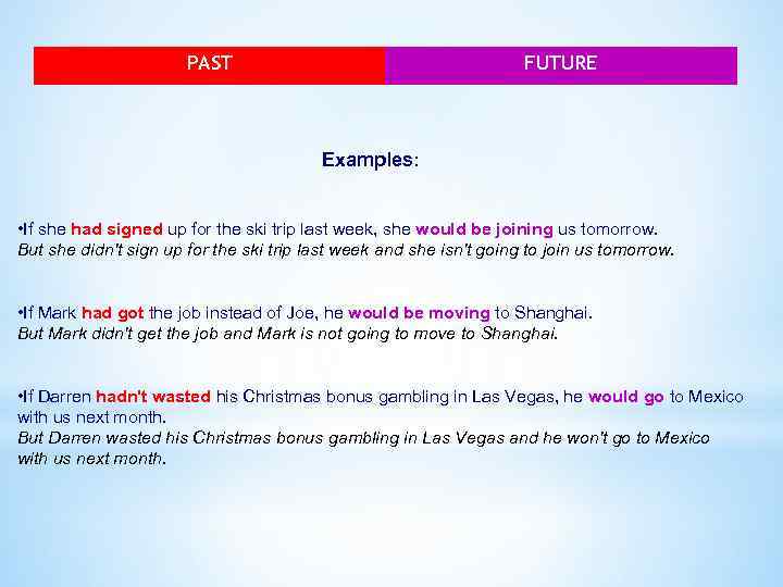 PAST FUTURE Examples: • If she had signed up for the ski trip last