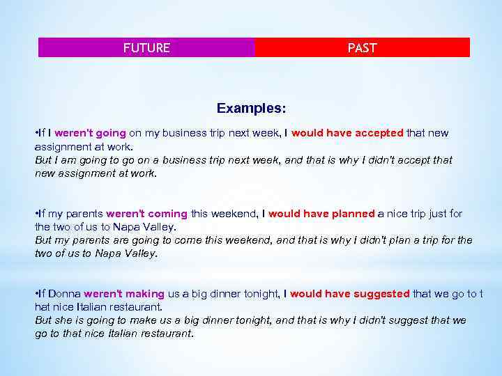 FUTURE PAST Examples: • If I weren't going on my business trip next week,