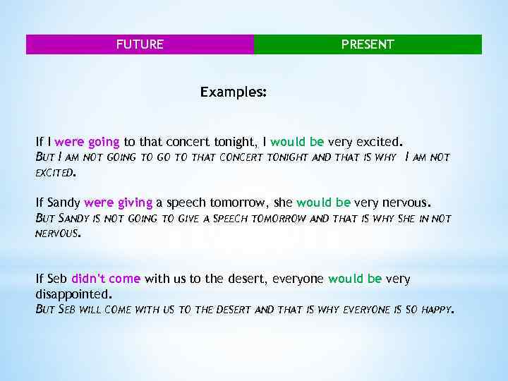 FUTURE PRESENT Examples: If I were going to that concert tonight, I would be