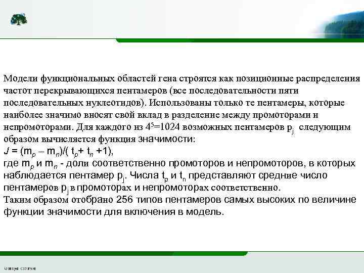 Модели функциональных областей гена строятся как позиционные распределения частот перекрывающихся пентамеров (все последовательности пяти