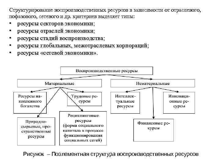 Структурирование воспроизводственных ресурсов в зависимости от отраслевого, пофазового, сетевого и др. критериев выделяет типы: