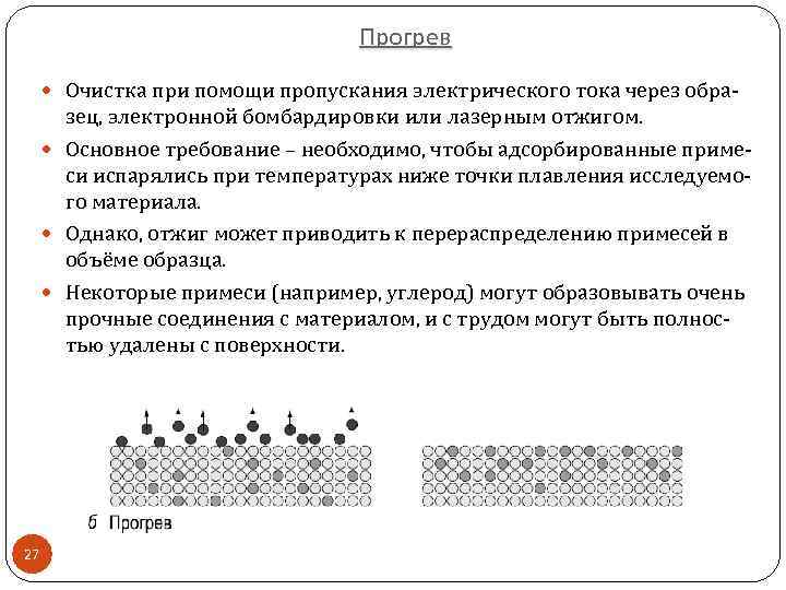 Прогрев Очистка при помощи пропускания электрического тока через обра- зец, электронной бомбардировки или лазерным