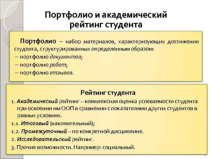 Портфолио и академический рейтинг студента Портфолио – набор материалов, характеризующих достижения студента, структурированных определенным
