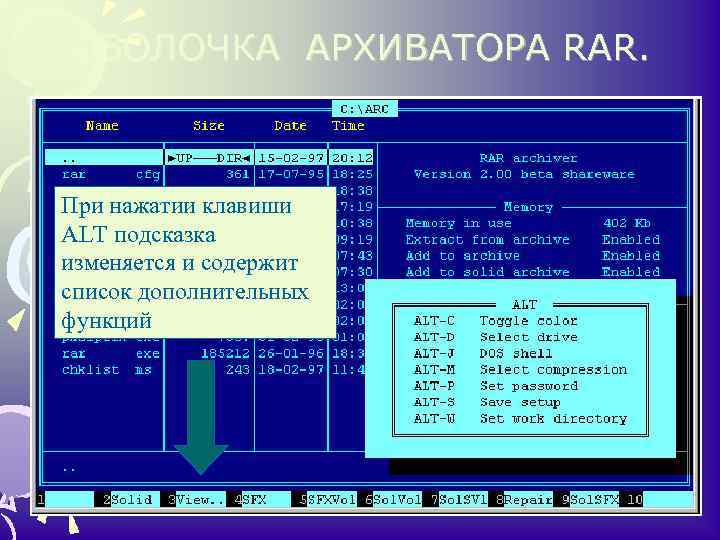 ОБОЛОЧКА АРХИВАТОРА RAR. • При нажатии клавиши ALT подсказка изменяется и содержит список дополнительных