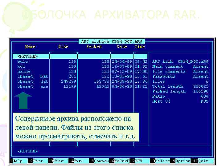 ОБОЛОЧКА АРХИВАТОРА RAR. • Содержимое архива расположено на левой панели. Файлы из этого списка
