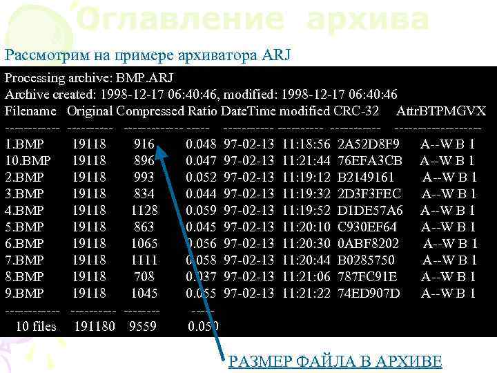 Оглавление архива Рассмотрим на примере архиватора ARJ Processing archive: BMP. ARJ Archive created: 1998