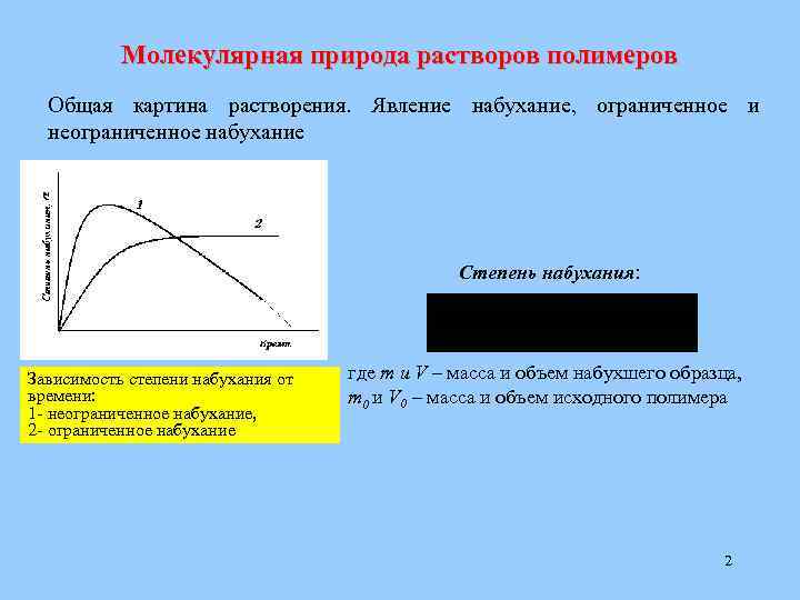 Молекулярные растворы. Ограниченное и неограниченное набухание полимеров. Ограниченное набухание полимеров это. Степень набухания полимера. Кривая набухания полимера.