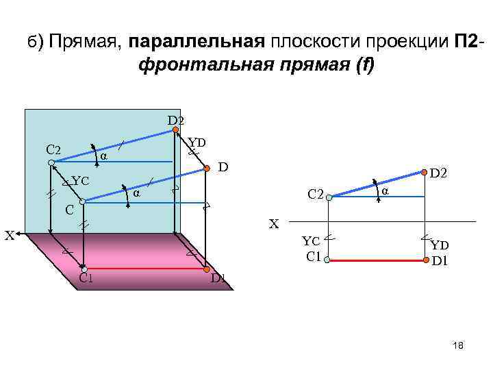 б) Прямая, параллельная плоскости проекции П 2 - фронтальная прямая (f) D 2 С